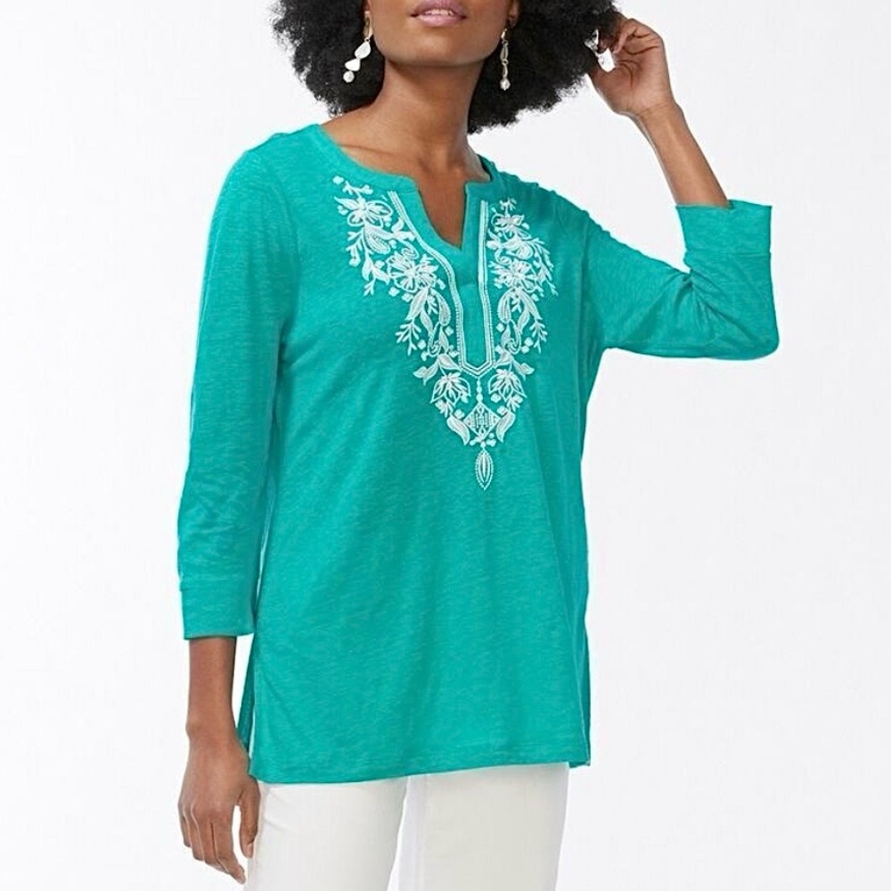 100% Linen CHICO’S • Embroidered 3/4 Sleeve Tunic Top in Tropical Jade Size 4
